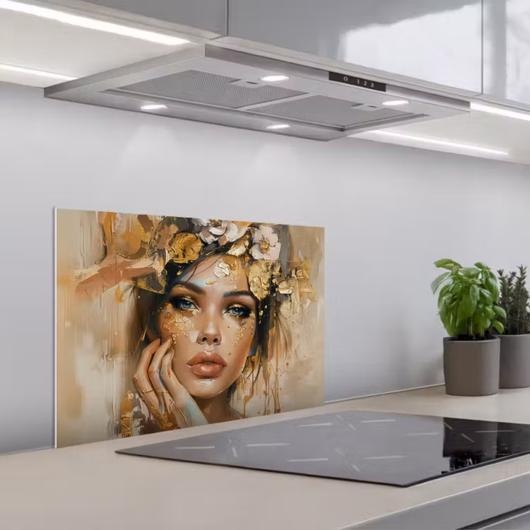 Vrouw - Bloemen - Goud - Portret keuken achterwand spatscherm klein -3d_schuin