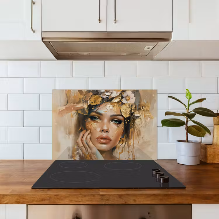 Vrouw - Bloemen - Goud - Portret keuken achterwand spatscherm klein -sfeer2