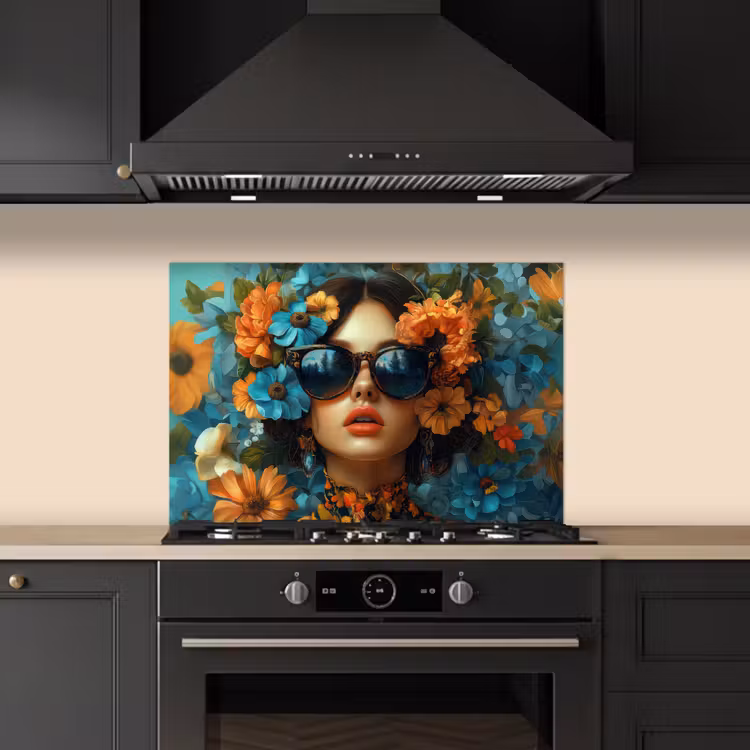 Vrouw - Bloemen - Oranje - Blauw - Modern keuken achterwand spatscherm klein -sfeer1