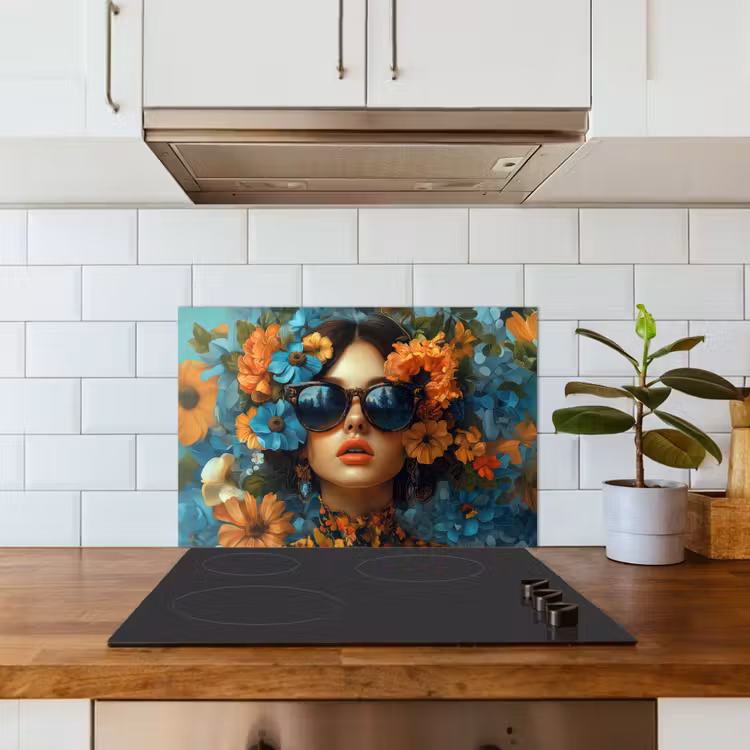 Vrouw - Bloemen - Oranje - Blauw - Modern keuken achterwand spatscherm klein -sfeer2