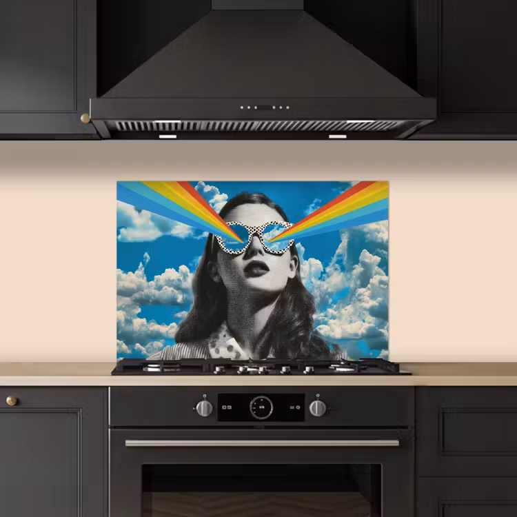 Vrouw - Bril - Regenboog - Wolken keuken achterwand spatscherm klein -sfeer1