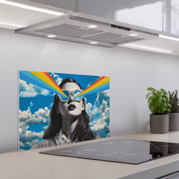 Vrouw - Bril - Regenboog - Wolken keuken achterwand spatscherm klein -3d_schuin