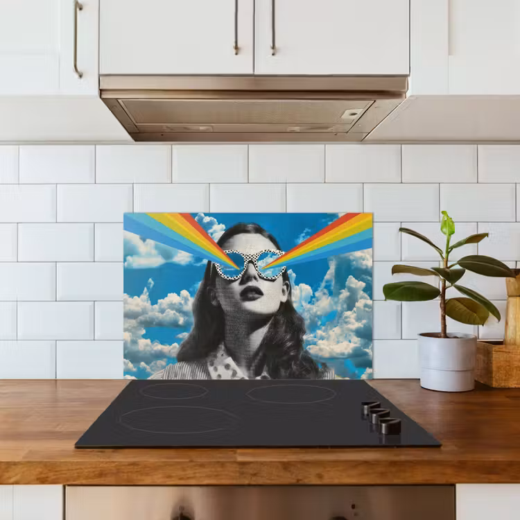 Vrouw - Bril - Regenboog - Wolken keuken achterwand spatscherm klein -sfeer2