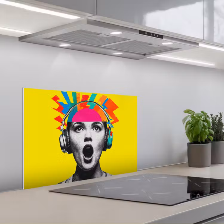 Vrouw - Koptelefoon - Geel keuken achterwand spatscherm klein -3d_schuin