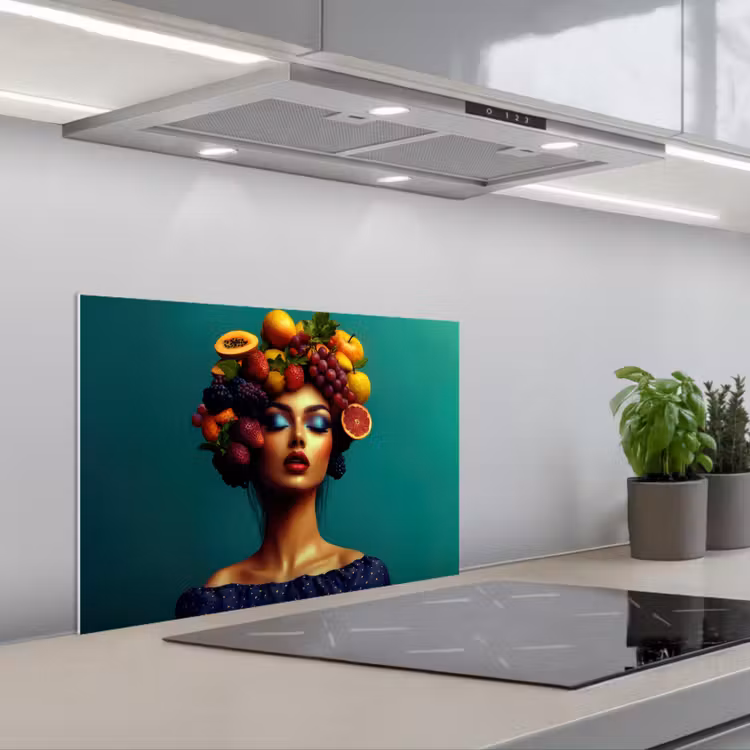 Vrouw - Hoodtooi - Tropisch - Fruit - Druiven keuken achterwand spatscherm klein -3d_schuin