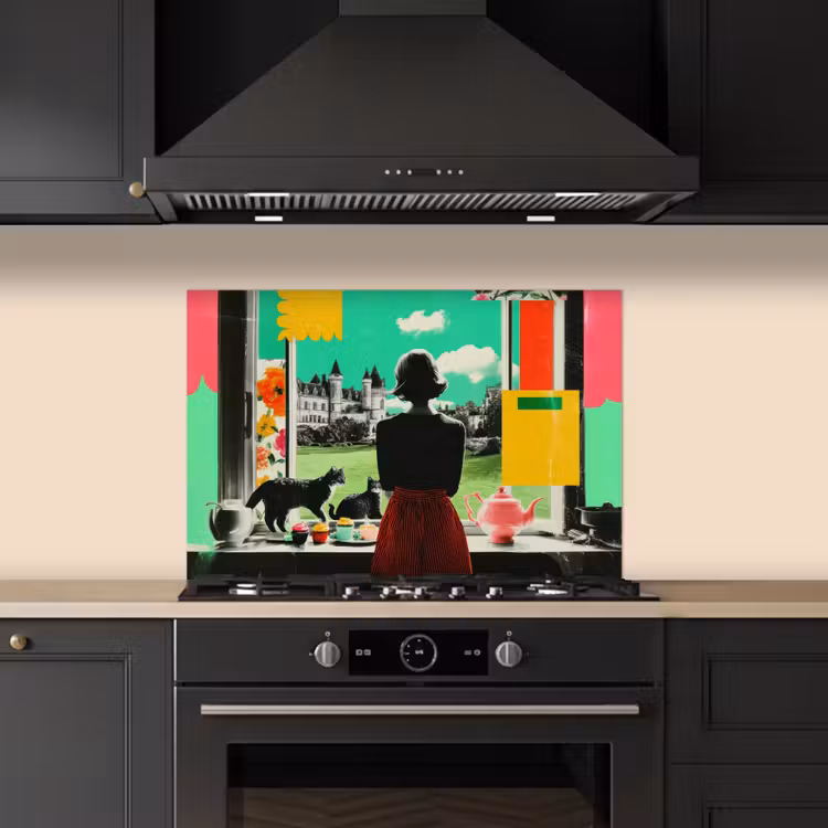 Vrouw - Keuken - Katten - Doorkijk keuken achterwand spatscherm klein -sfeer1