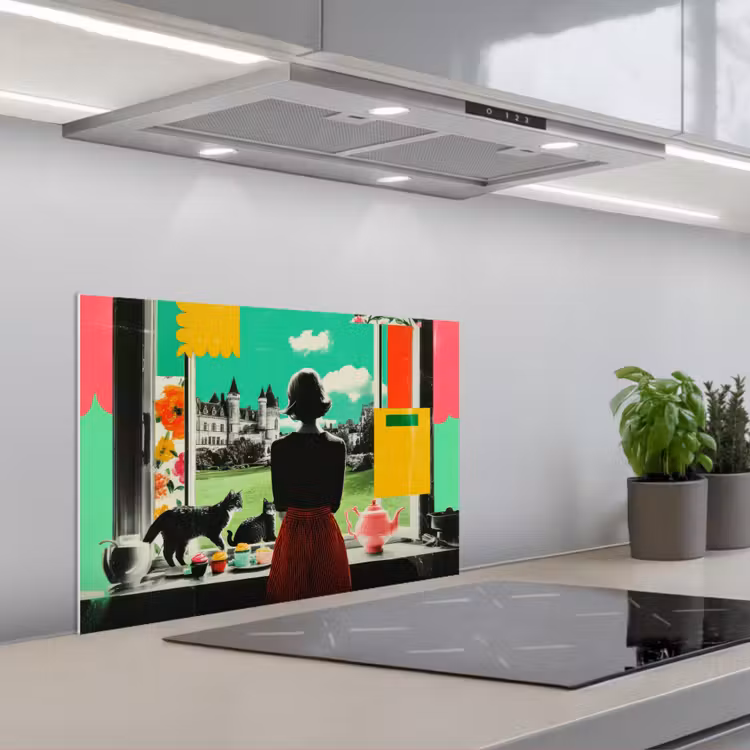 Vrouw - Keuken - Katten - Doorkijk keuken achterwand spatscherm klein -3d_schuin