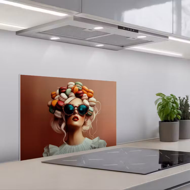Vrouw - Macarons - Bril keuken achterwand spatscherm klein -3d_schuin
