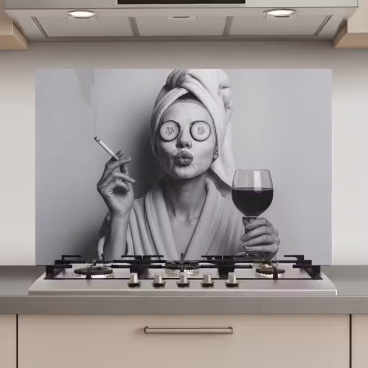 Vrouw - Masker - Wijn - Sigaret keuken achterwand spatscherm klein -3d_website