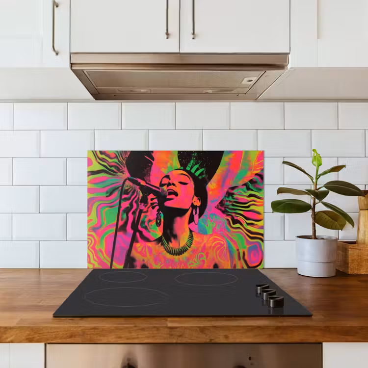 Vrouw - Microfoon - Neon keuken achterwand spatscherm klein -sfeer2