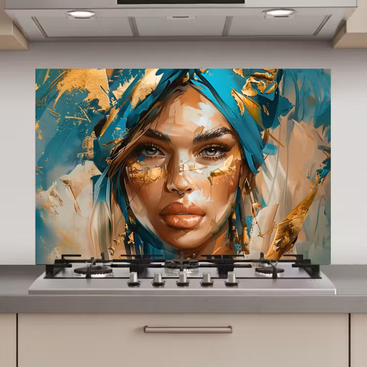 Vrouw - Portret - Goud - Luxe - Blauw keuken achterwand spatscherm klein -3d_website