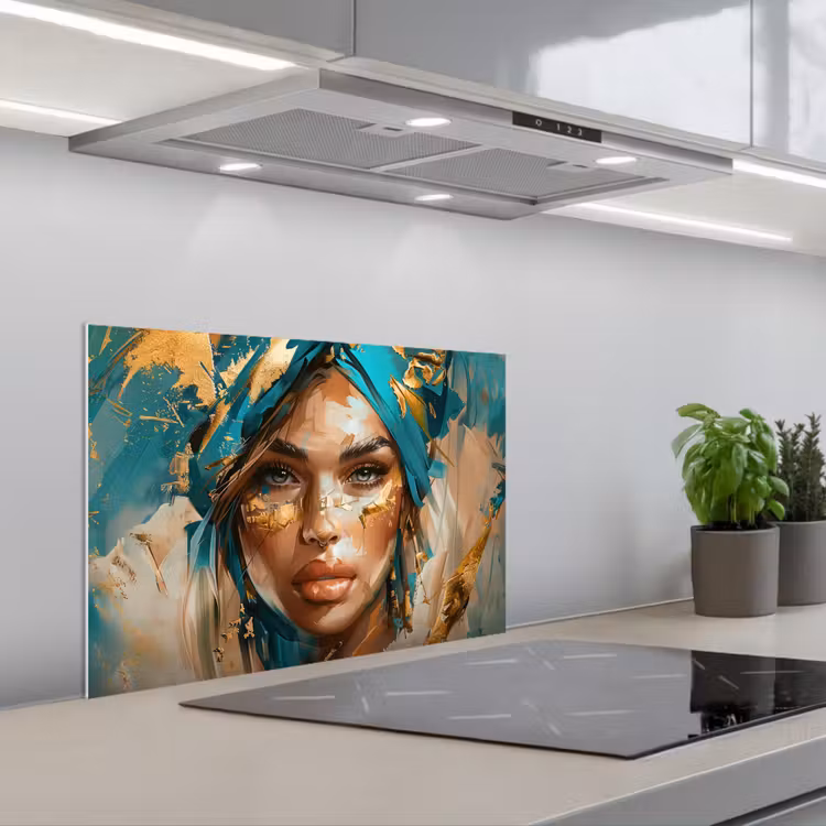 Vrouw - Portret - Goud - Luxe - Blauw keuken achterwand spatscherm klein -3d_schuin