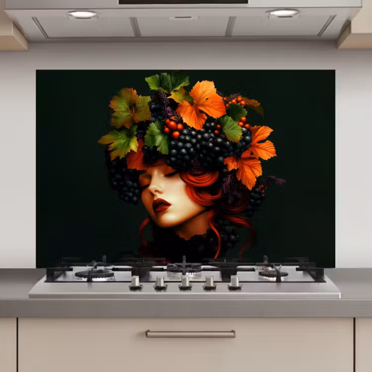 Vrouw - Rood - Groen - Druiven keuken achterwand spatscherm klein -3d_website