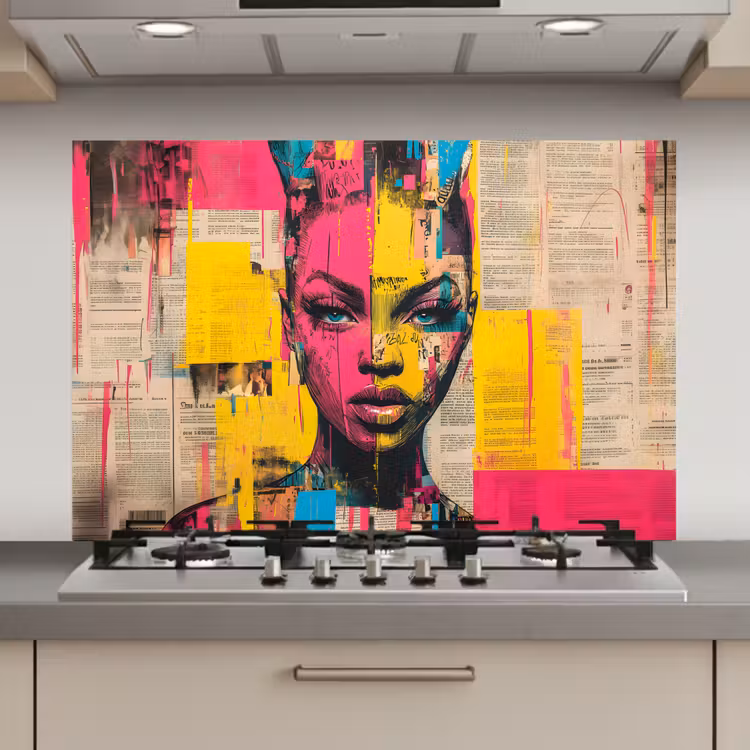 Vrouwengezicht - Krantenpapier - Abstract - Roze keuken achterwand spatscherm klein -3d_website