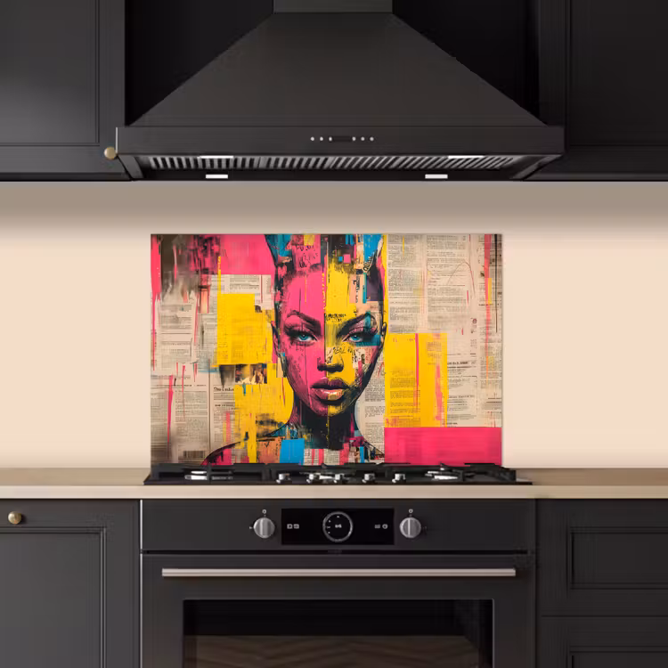 Vrouwengezicht - Krantenpapier - Abstract - Roze keuken achterwand spatscherm klein -sfeer1