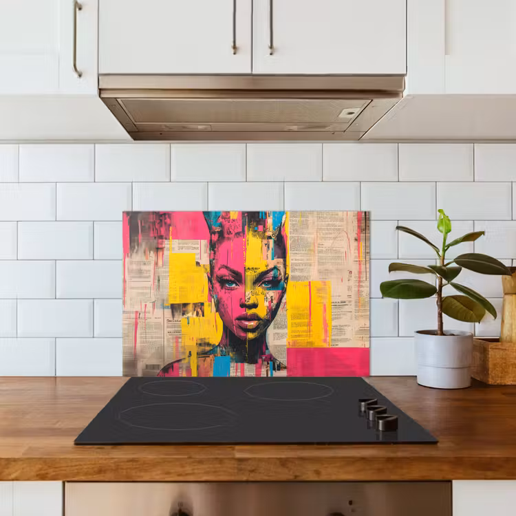 Vrouwengezicht - Krantenpapier - Abstract - Roze keuken achterwand spatscherm klein -sfeer2