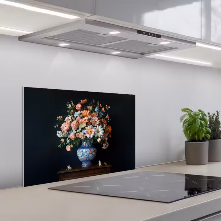 Hout - Vaas - Kleuren - Bloemen keuken achterwand spatscherm klein -3d_schuin