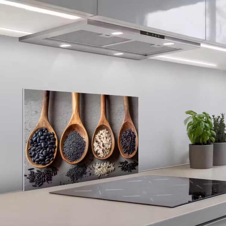 Houten - Lepels - Rijst - Zaden keuken achterwand spatscherm klein -3d_schuin