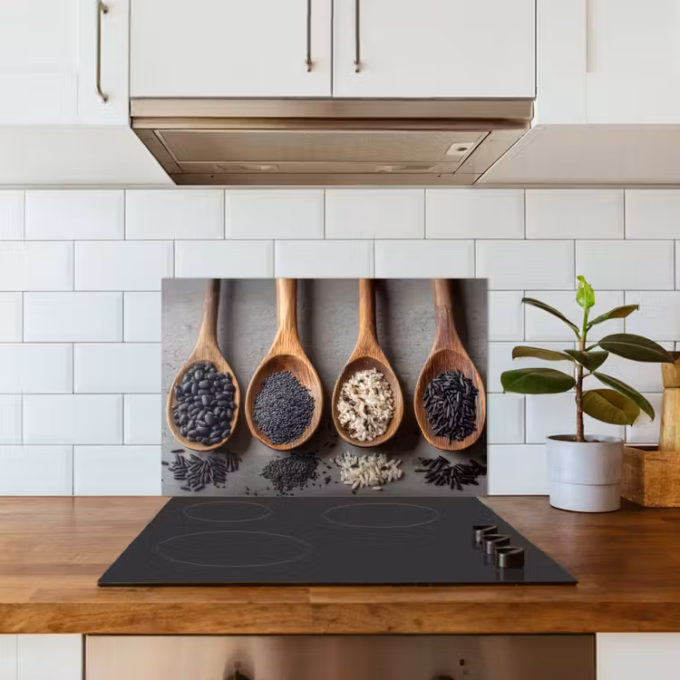 Houten - Lepels - Rijst - Zaden keuken achterwand spatscherm klein -sfeer2