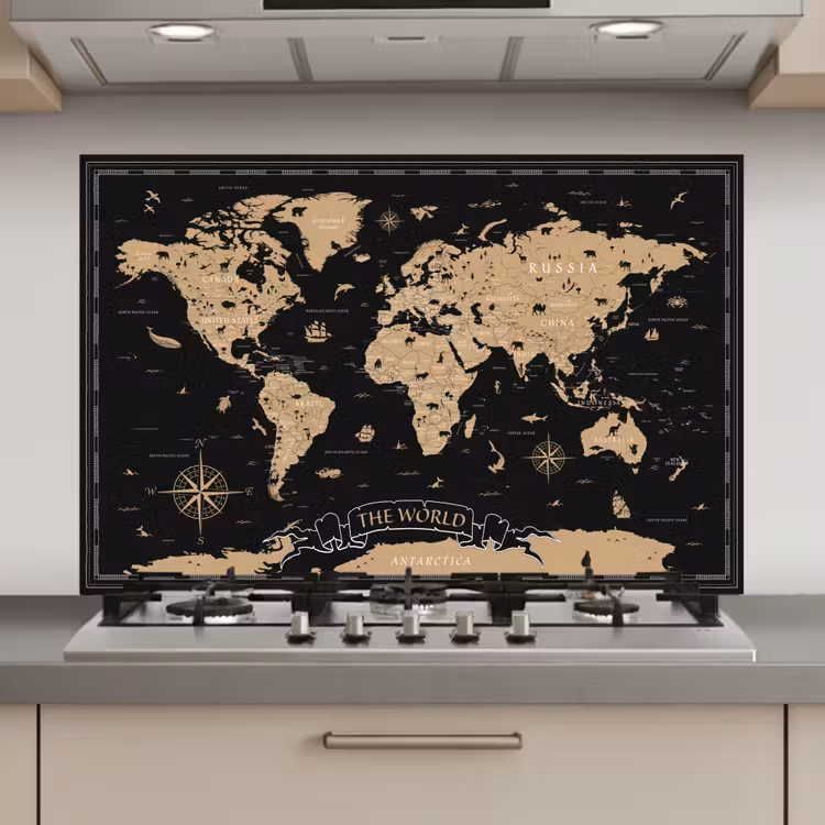 Wereldkaart - Beige - Zwart keuken achterwand spatscherm klein -3d_website