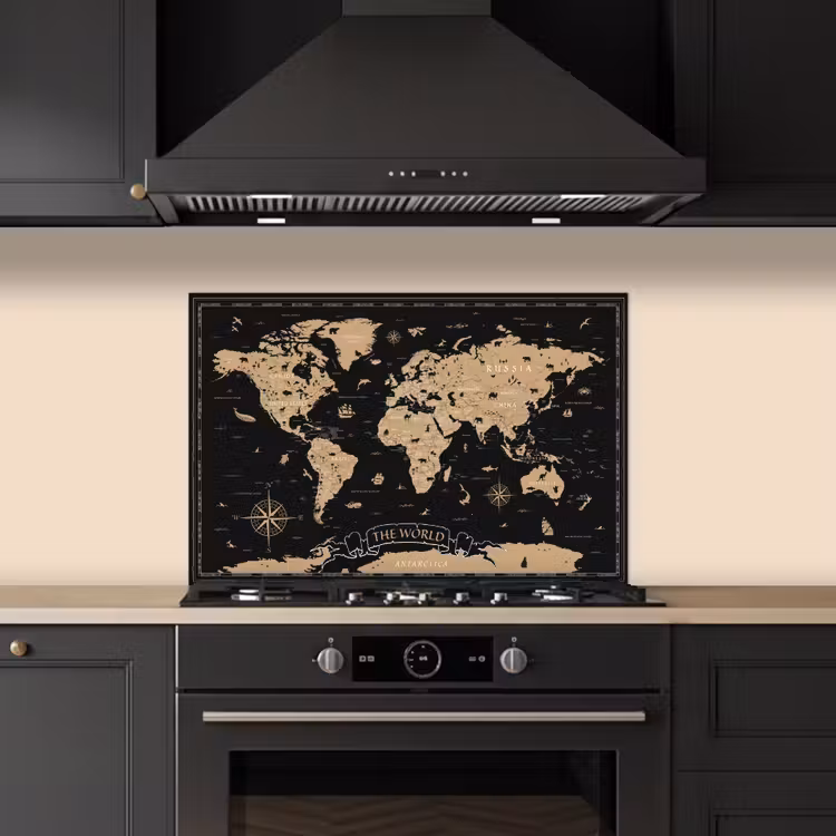 Wereldkaart - Beige - Zwart keuken achterwand spatscherm klein -sfeer1