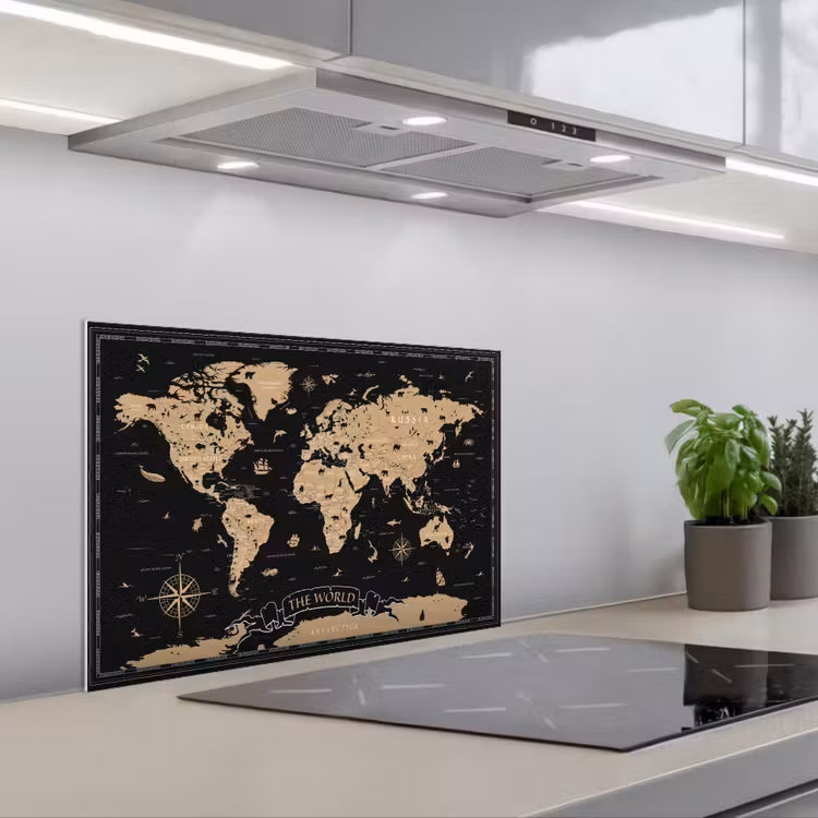Wereldkaart - Beige - Zwart keuken achterwand spatscherm klein -3d_schuin