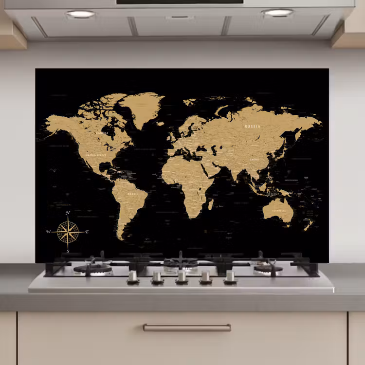Wereldkaart - Beige - Zwart keuken achterwand spatscherm klein -3d_website