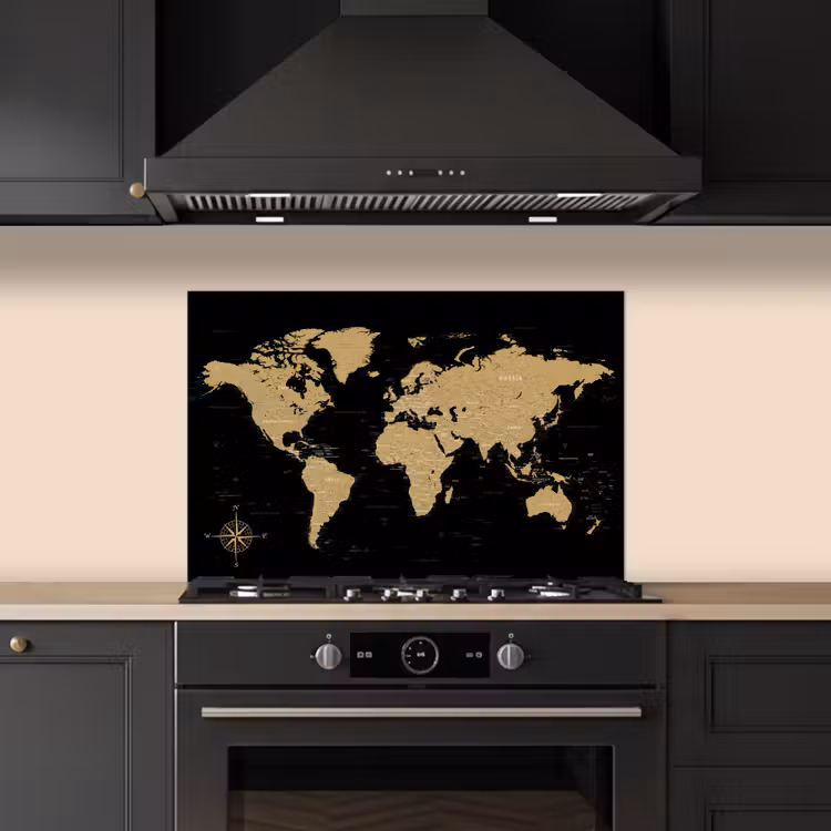 Wereldkaart - Beige - Zwart keuken achterwand spatscherm klein -sfeer1