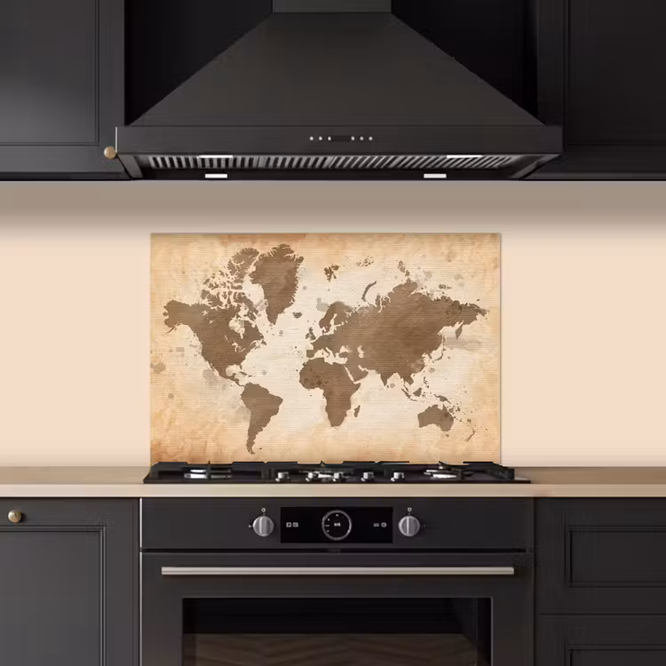 Wereldkaart - Beige - Bruin keuken achterwand spatscherm klein -sfeer1