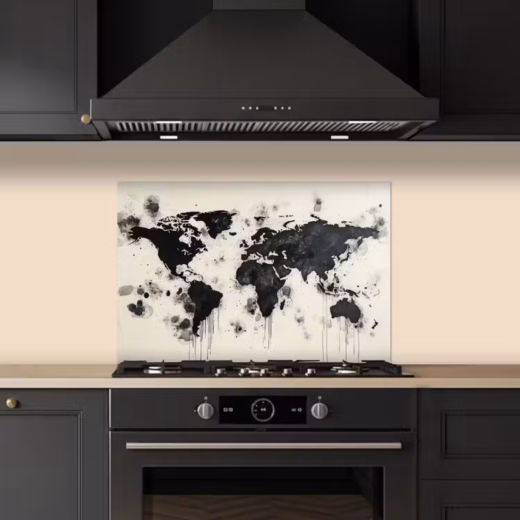 Wereldkaart - Zwart - Inkt keuken achterwand spatscherm klein -sfeer1