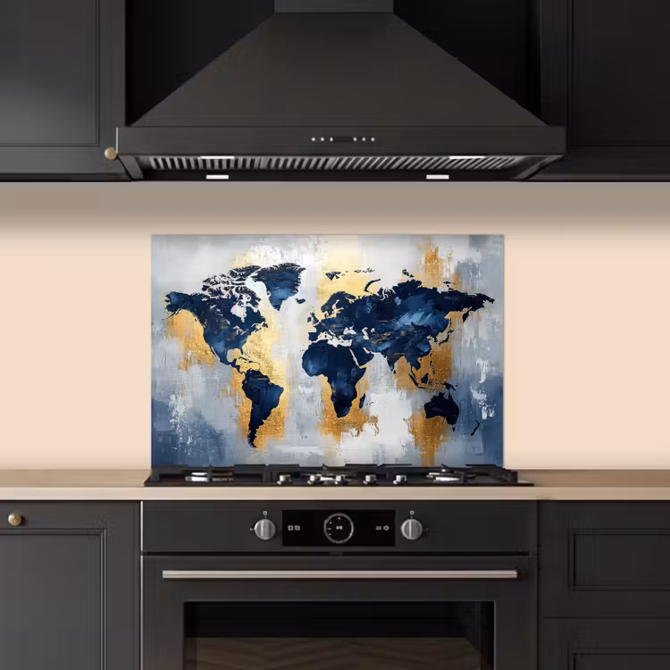 Wereldkaart - Blauw - Abstract keuken achterwand spatscherm klein -sfeer1