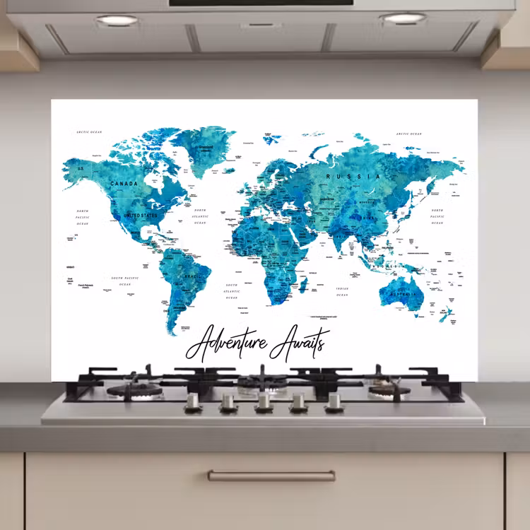 Wereldkaart - Blauw - Kleurrijk keuken achterwand spatscherm klein -3d_website