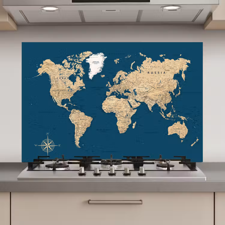 Wereldkaart - Donkerblauw - Beige keuken achterwand spatscherm klein -3d_website