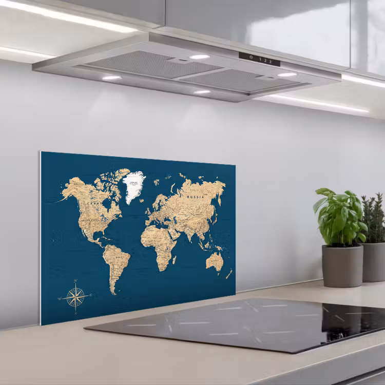 Wereldkaart - Donkerblauw - Beige keuken achterwand spatscherm klein -3d_schuin