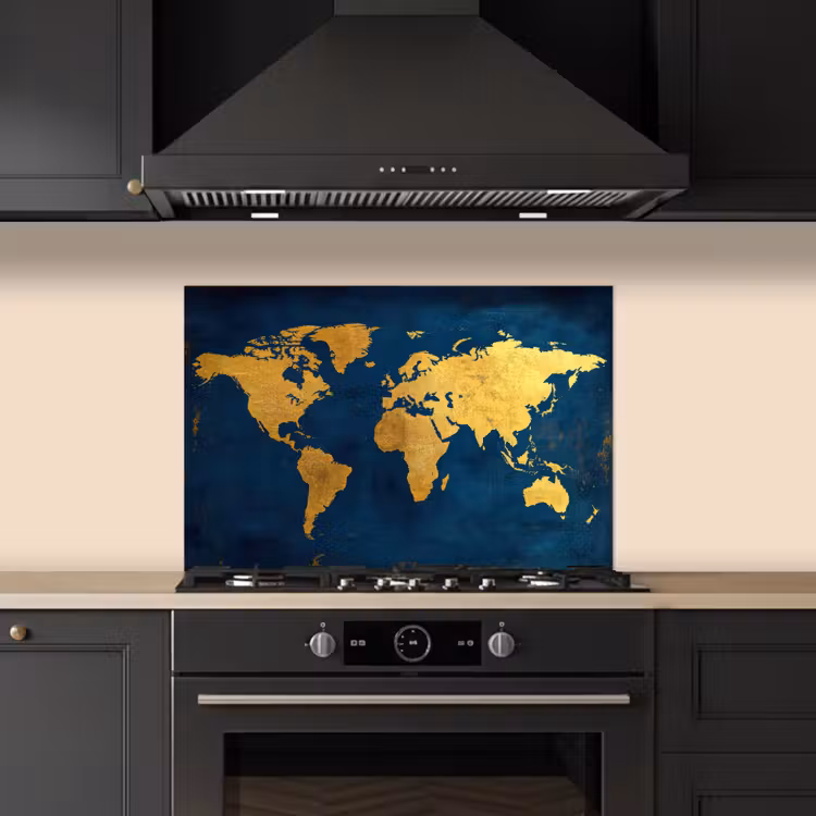 Wereldkaart - Goud - Donkerblauw keuken achterwand spatscherm klein -sfeer1