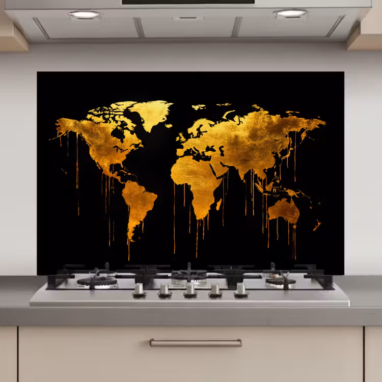 Wereldkaart - Goud - Druipen - Zwart keuken achterwand spatscherm klein -3d_website