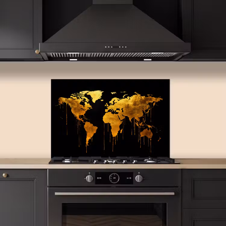Wereldkaart - Goud - Druipen - Zwart keuken achterwand spatscherm klein -sfeer1
