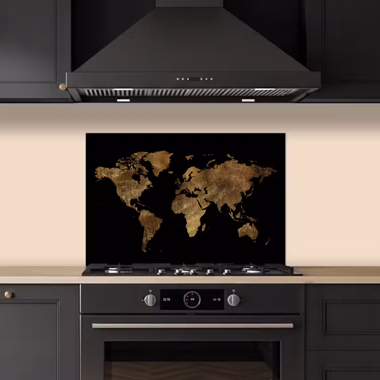 Wereldkaart - Goud - Luxe - Aarde - Zwart keuken achterwand spatscherm klein -sfeer1