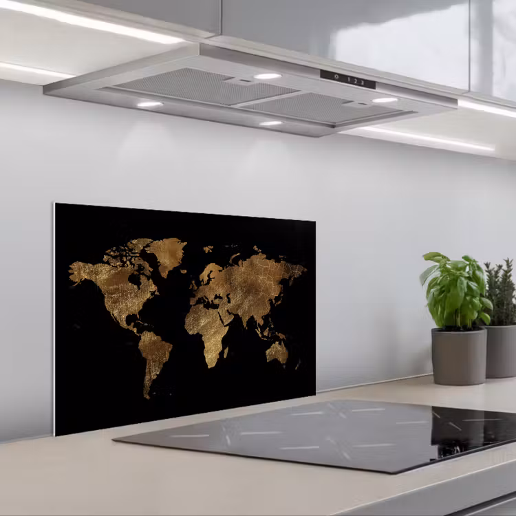 Wereldkaart - Goud - Luxe - Aarde - Zwart keuken achterwand spatscherm klein -3d_schuin