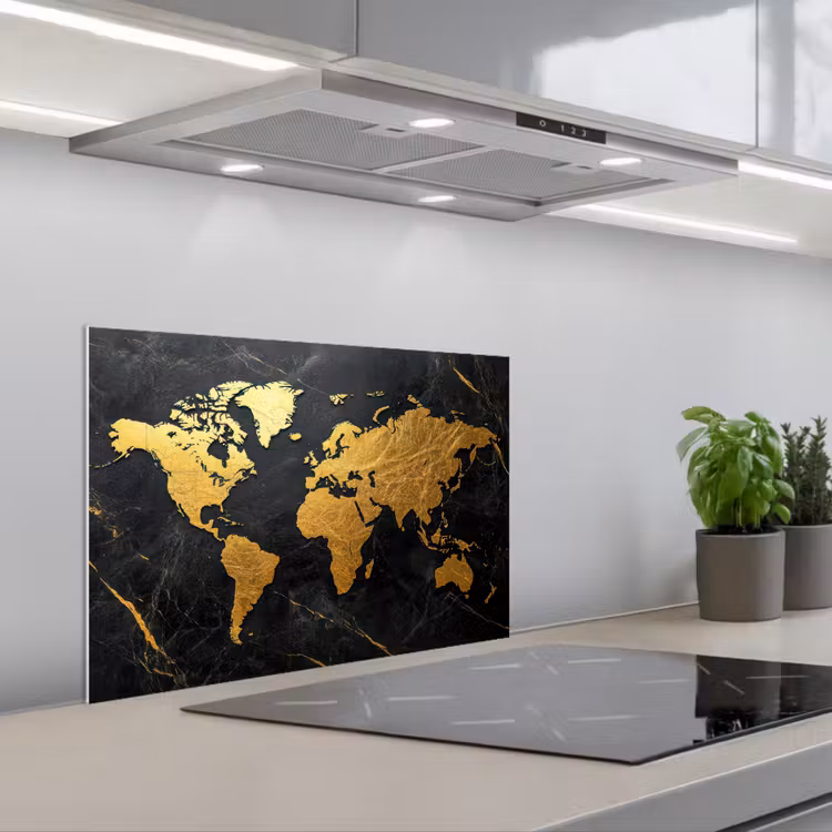 Wereldkaart - Goud - Marmer keuken achterwand spatscherm klein -3d_schuin