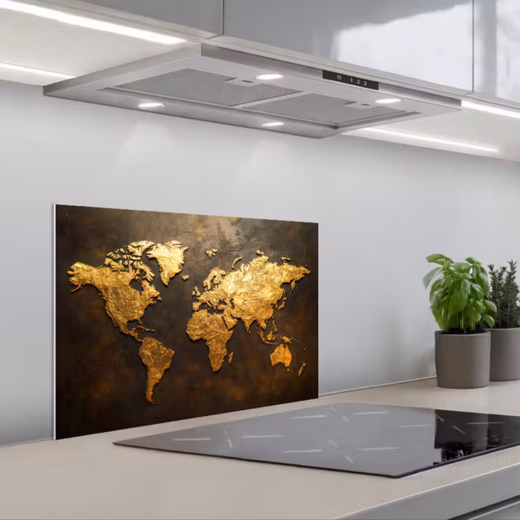 Wereldkaart - Goud - Roest keuken achterwand spatscherm klein -3d_schuin