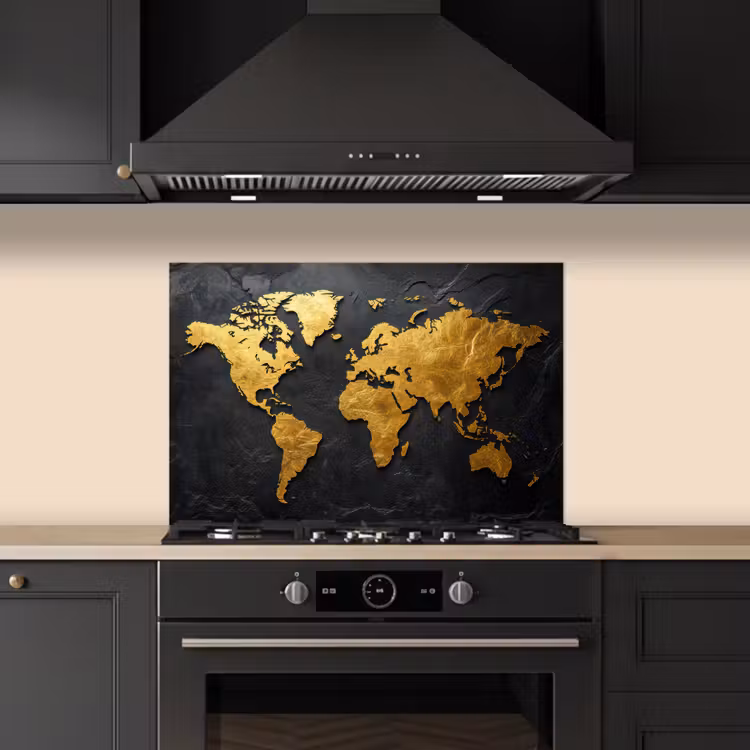 Wereldkaart - Goud - Steen keuken achterwand spatscherm klein -sfeer1