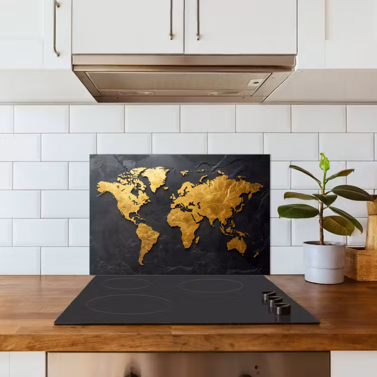 Wereldkaart - Goud - Steen keuken achterwand spatscherm klein -sfeer2