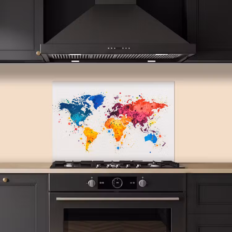 Wereldkaart - Graffiti - Kleurrijk keuken achterwand spatscherm klein -sfeer1