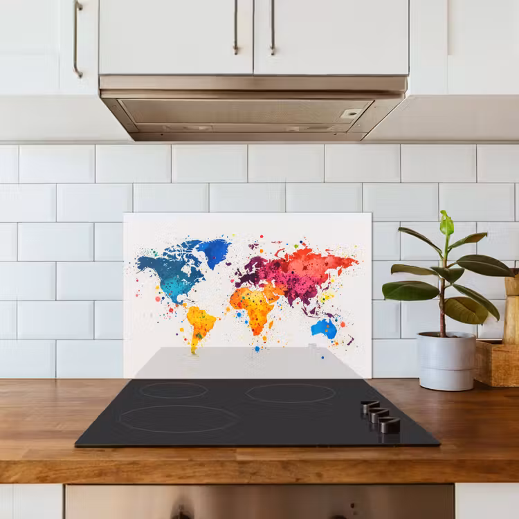 Wereldkaart - Graffiti - Kleurrijk keuken achterwand spatscherm klein -sfeer2
