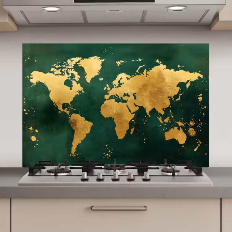 Wereldkaart - Groen - Goud keuken achterwand spatscherm klein -3d_website
