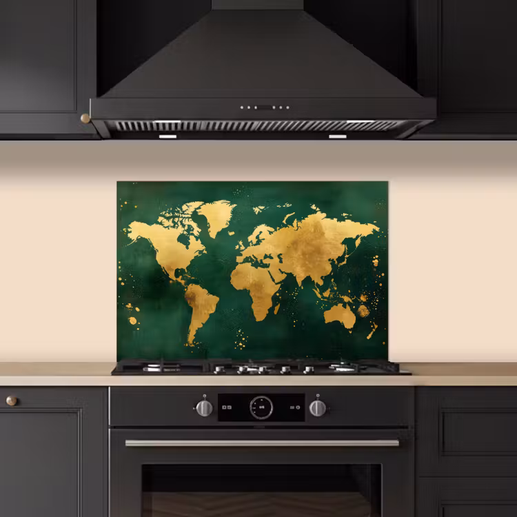 Wereldkaart - Groen - Goud keuken achterwand spatscherm klein -sfeer1