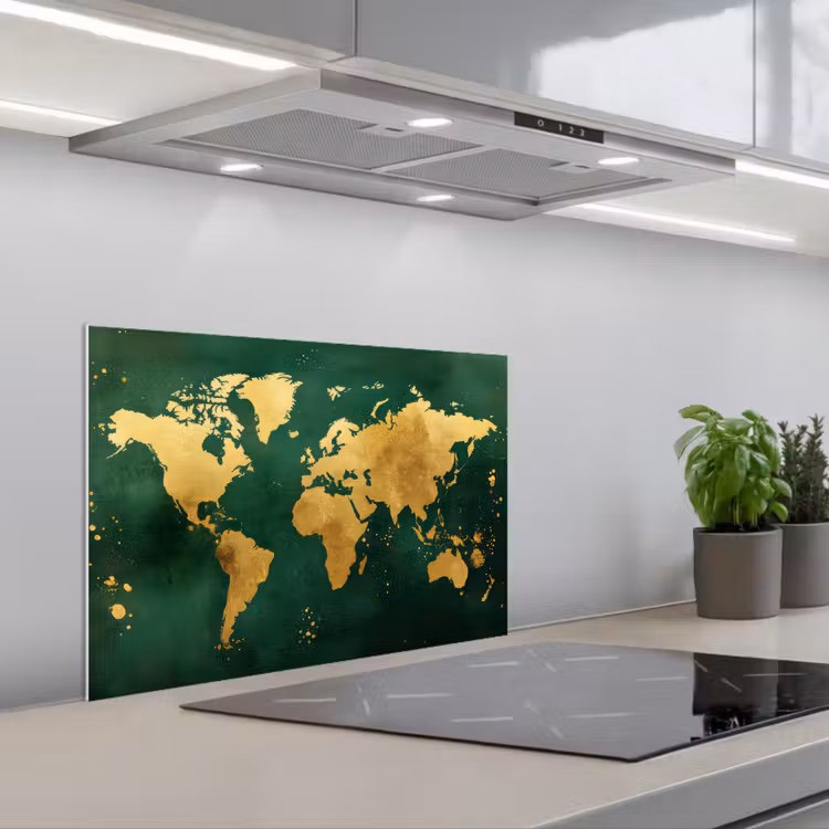 Wereldkaart - Groen - Goud keuken achterwand spatscherm klein -3d_schuin