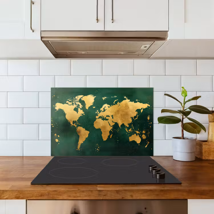 Wereldkaart - Groen - Goud keuken achterwand spatscherm klein -sfeer2