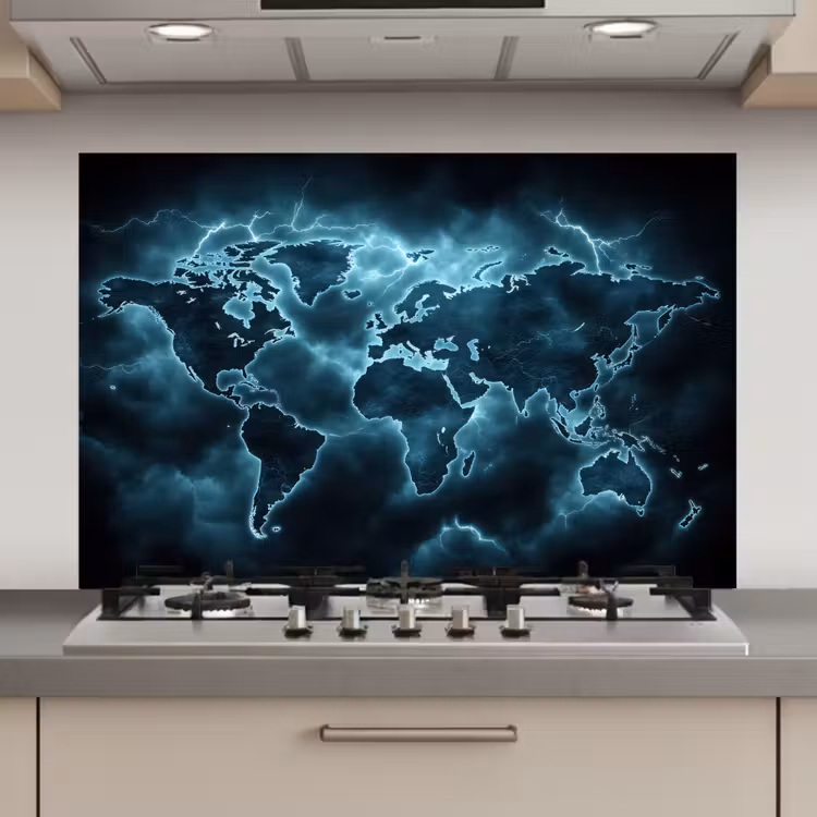 Wereldkaart - Bliksem - Blauw keuken achterwand spatscherm klein -3d_website